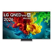 LG 75&nbsp;collu LG QNED evo AI Mini-LED 4K viedtelevizors 2026, LG QNED evo AI QNED82 Mini LED no priekšpuses un sānu skata, izceļot 75" displeju ar 1667&nbsp;mm platu ekrānu, 962&nbsp;mm ekrāna augstumu, 1026&nbsp;mm augstumu ar statīvu, &nbsp;66,8 mm dziļumu un statīva nospiedumu 1, 75QNED83B3A, thumbnail 1